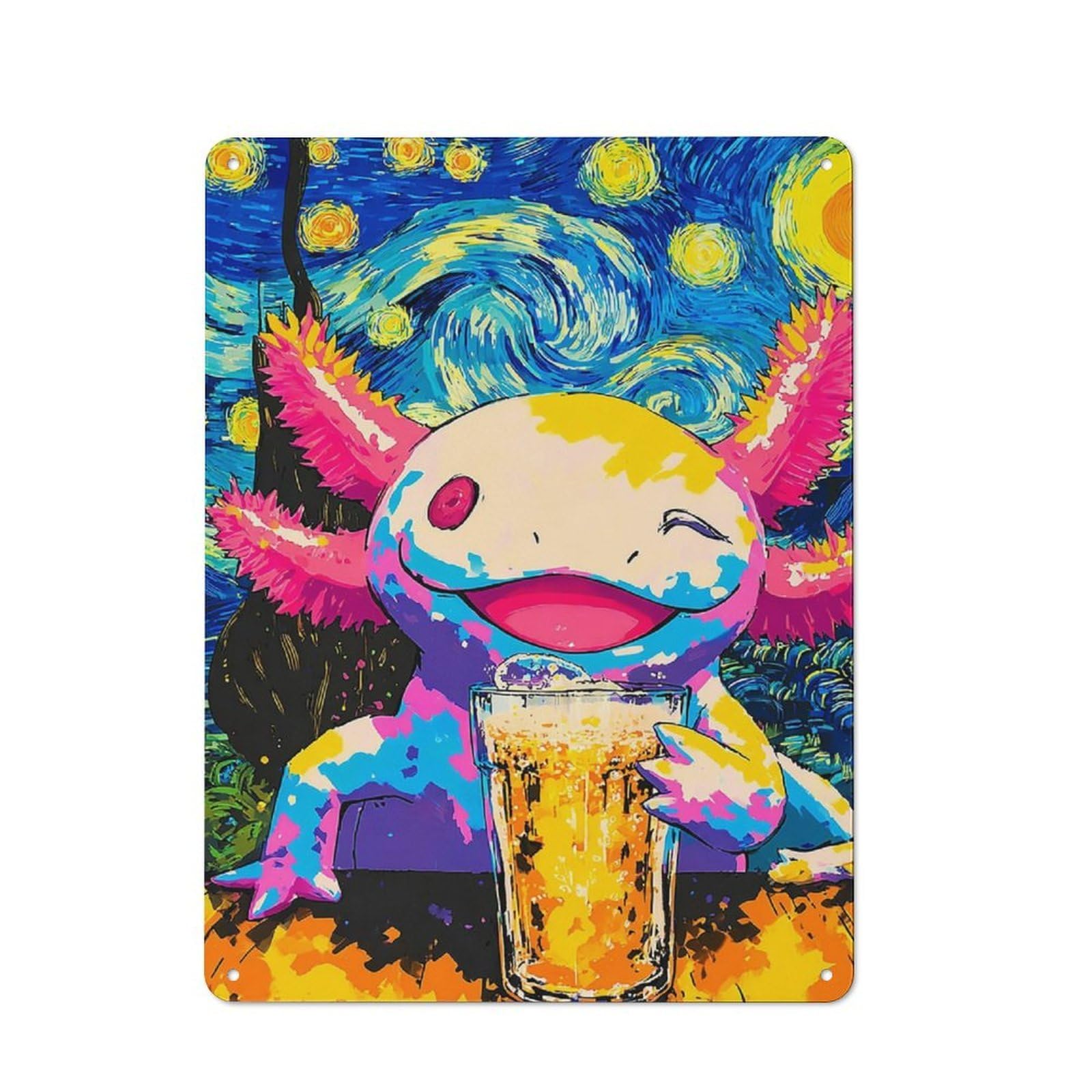 Junmoney Starry Night Axolotl Enjoying Beer Decorative Tin Sign With Design 40X30cm, Farmhouse Cottage Wall Art For Farmhouse Kitchen, Pantry Or Dining Area