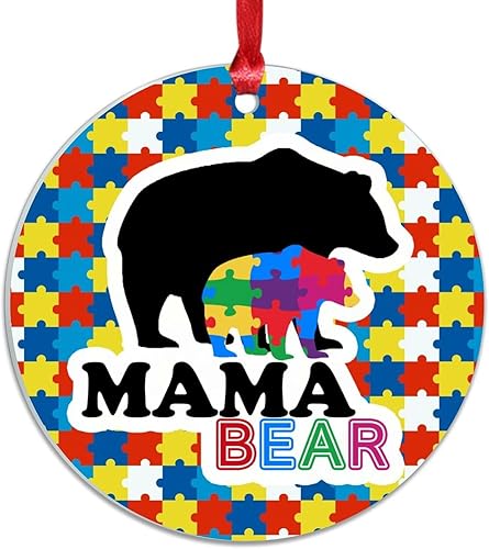 Miniatura 7 de Adorno de Navidad  Mamá oso de recuerdo de Navidad acrílico Adornos de Navidad Mama Bear Autismo Colorido Puzzle Oso Adornos de Navidad para Niños