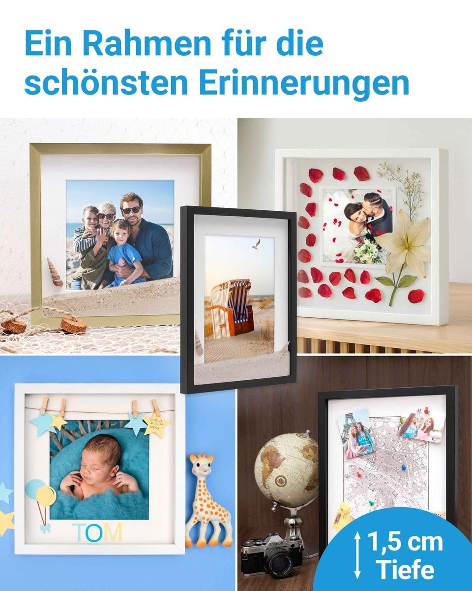 Cadre 3D Profond 22x27cm En Bois - Cadre Vitrine Pour Souvenirs Photos Médailles (Noir 3cm)