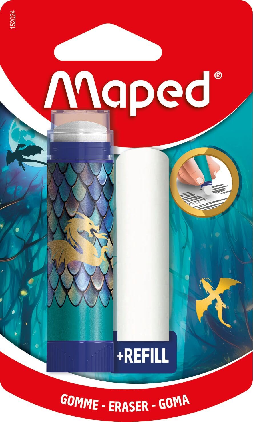 Maped - Dragon Tube Eraser - Clean and Precise Rotary System - PVC Free White Eraser - Metallic Design - with Refill - Children's School Supplies
