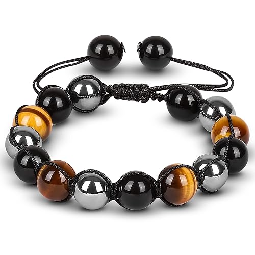 Triple Protection Bracelet For Men Women, NITMFA Handmade Bracelets 10mm Natural Tiger Eye Obsidian Hematite Beads Healing Crystal Bracelet Bring