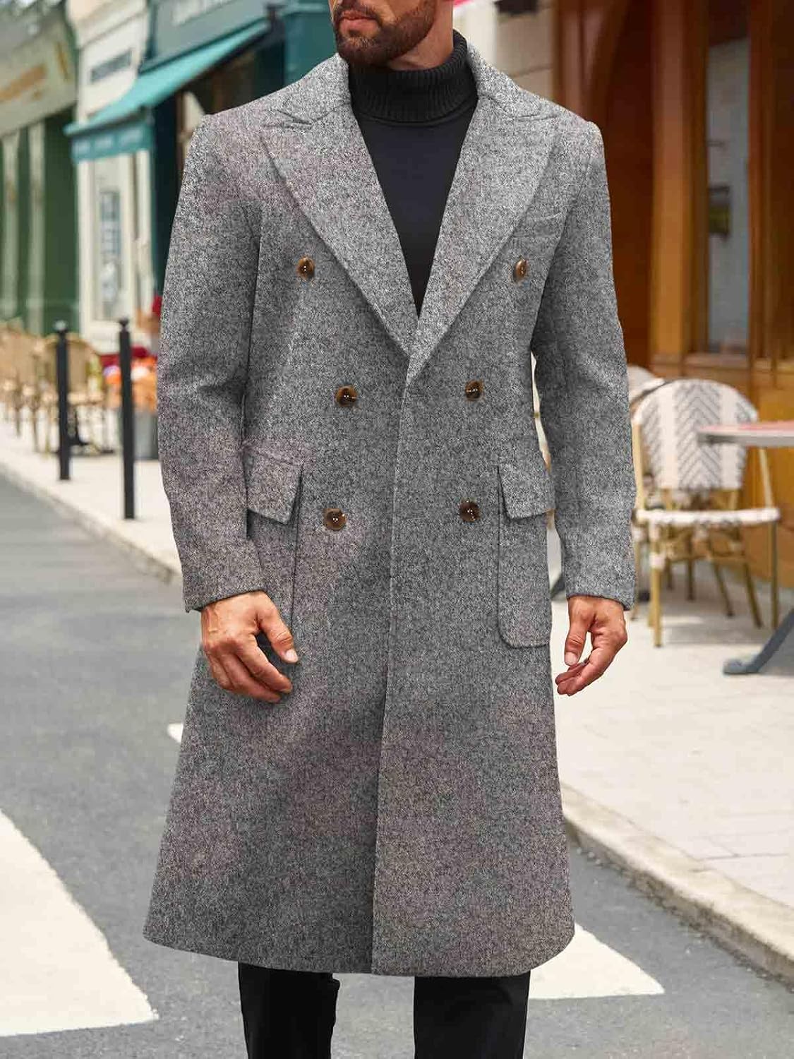 Runcati Mens Wool Blend Casual Trench Coat Notched Collar Lapel Long Jacket Double Breasted Classic Winter Overcoat