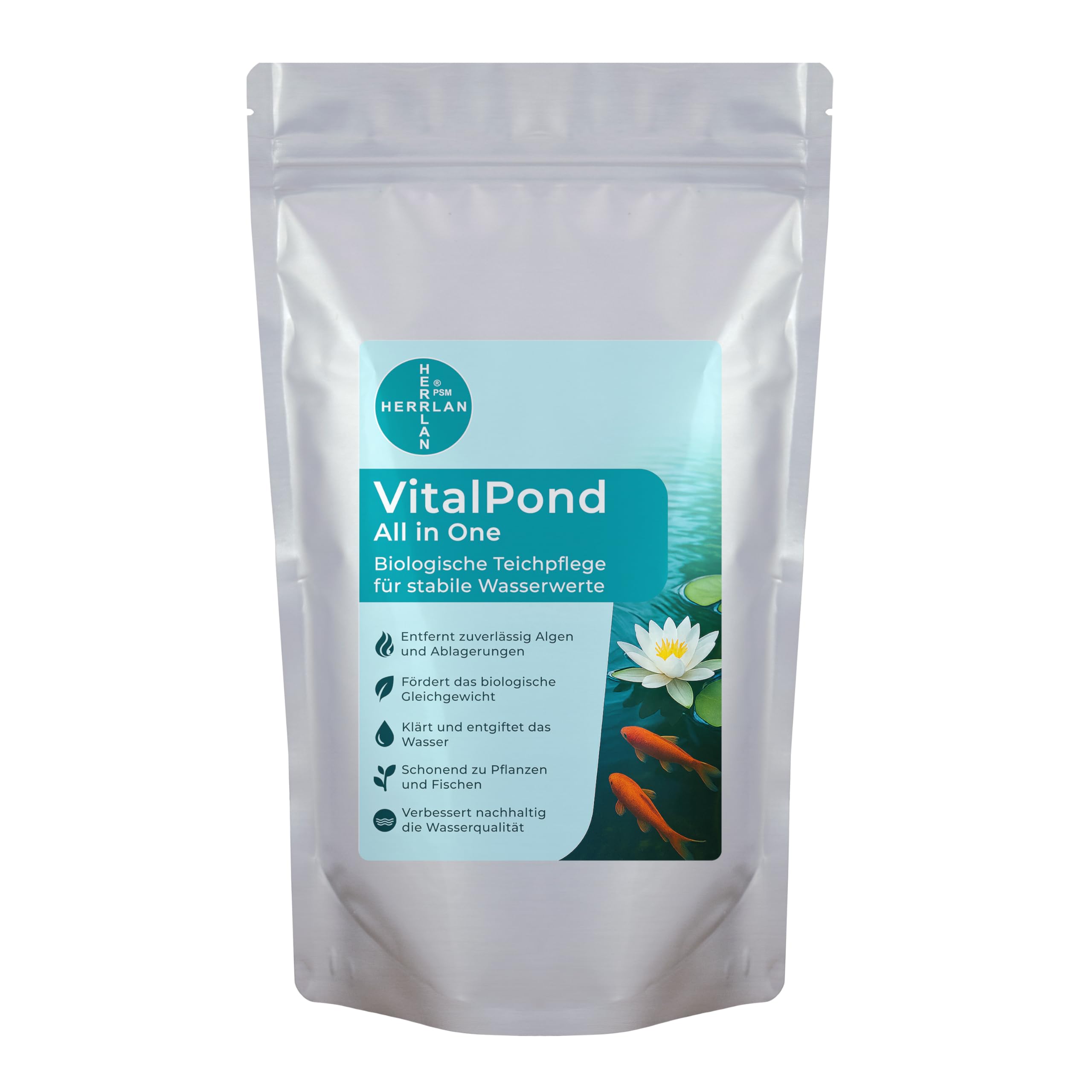 HERRLAN® VitalPond 250 g - NIE Wieder GRÜNES Wasser - CHEMIEFREI - All-in-One-Lösung zur biologischen Teichpflege für kristallklares Teichwasser - Dosierung: 0,5-2 g auf 1000 Liter - Made in Germany