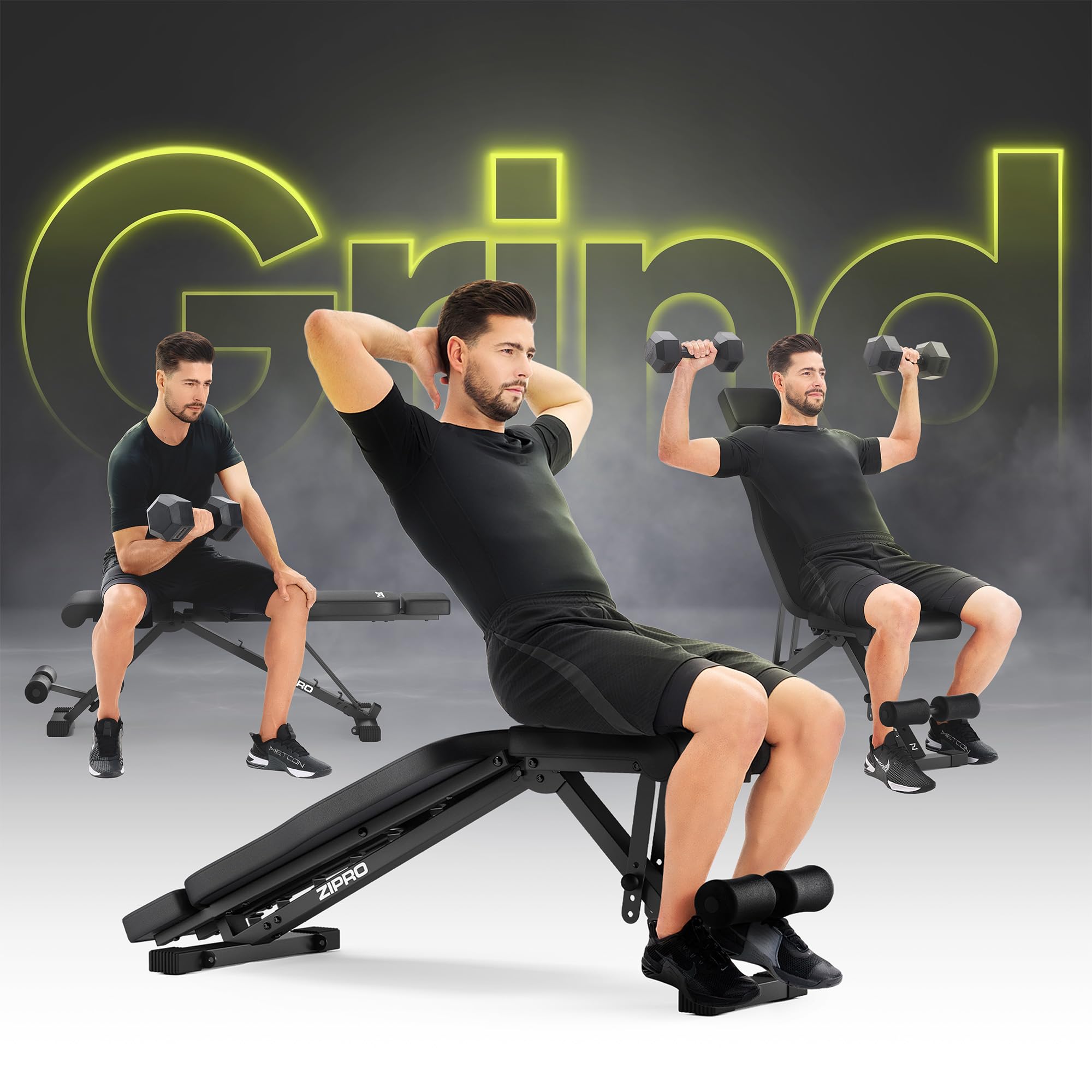 ZIPRO Banco Plegable de Musculación Ajustable Fitness Gimnasio Soporte hasta 300 kg con Respaldo y Asiento 7x Posiciones Equipo Entrenamiento Home Gym Fitness Doméstico Gimnasio – Grind Negro