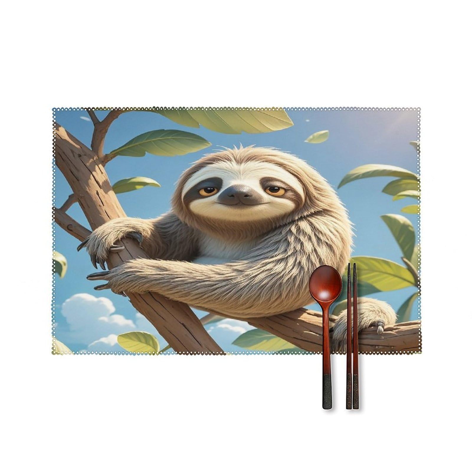 Cartoon Sloth Placemats Set of 6 Washable Farmhouse Dining Table Mat Non Slip Heat Resistant Non-Slip Place Mats Easy Clean Table Protective Placemats for Indoors & Outdoors