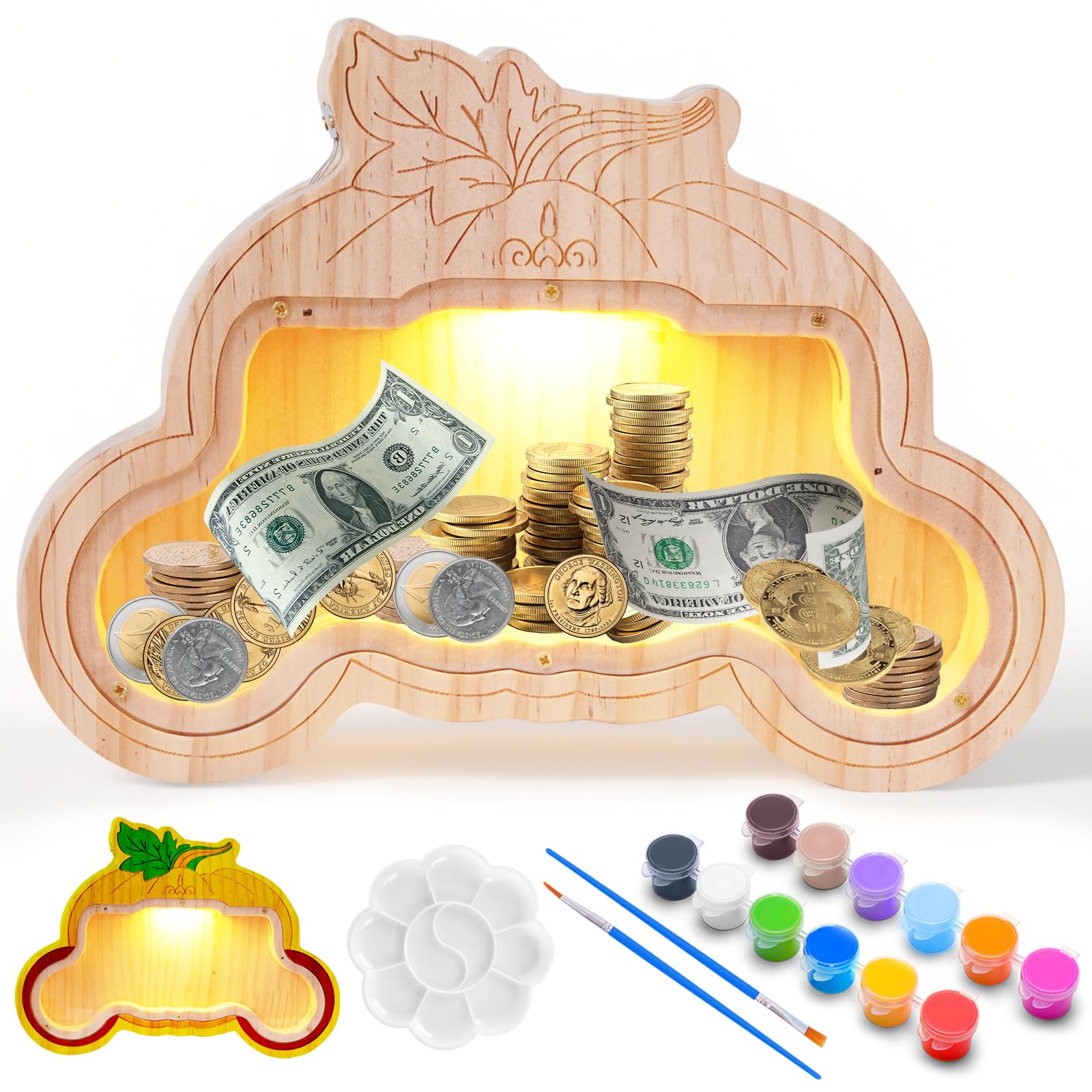 Tirelire en bois carrosse de citrouille pour enfants avec lumière LED et kit peinture