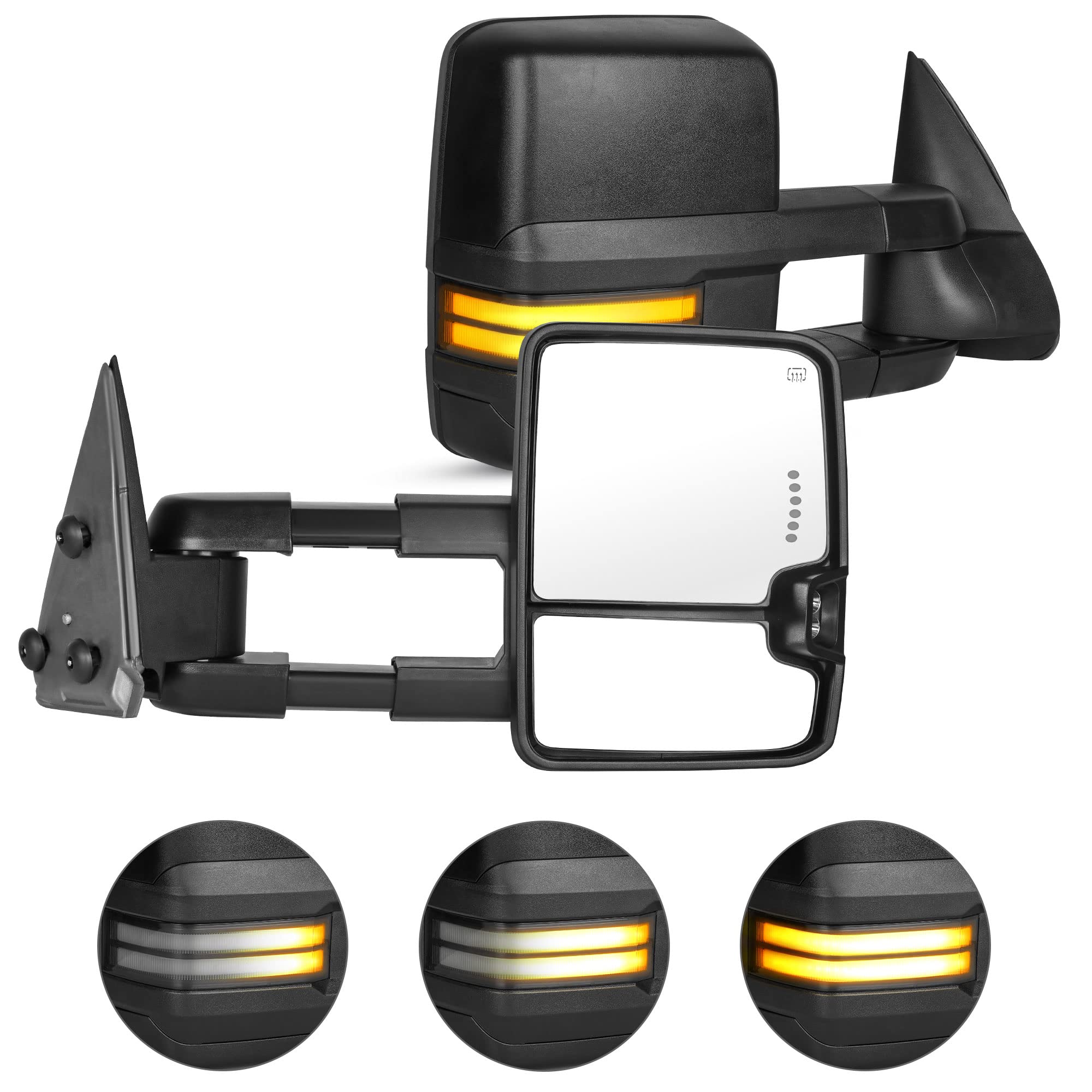 WHALEMOTOR Smoked Lens Sequential Signal Tow Mirrors Compatible With 2007-2021 Toyota Tundra, Heated Extended Trailer Towing Side Mirror W/Backup Light(w/o BSM), Chrome Housing