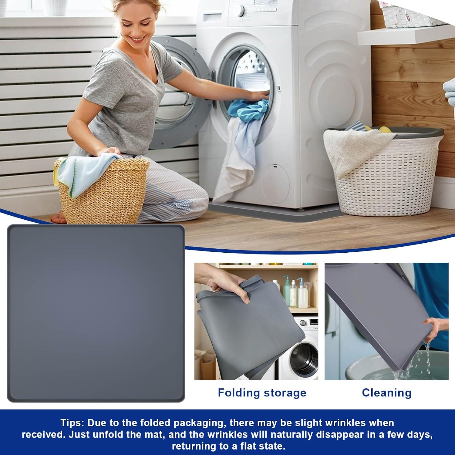 27 x 27 Inch Washing Machine Drain Pan Washing Machine Tray Washer Drip Pan Silicone Mat - Dryer Laundry Floor Protector Pad Anti Vibration Non-Slip (Gray)