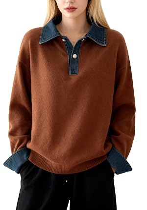 LAI MENG FIVE CATS Womens Long Sleeve Polo Sweater 2 in 1 Denim Lapel Knit Fall Winter Pullover