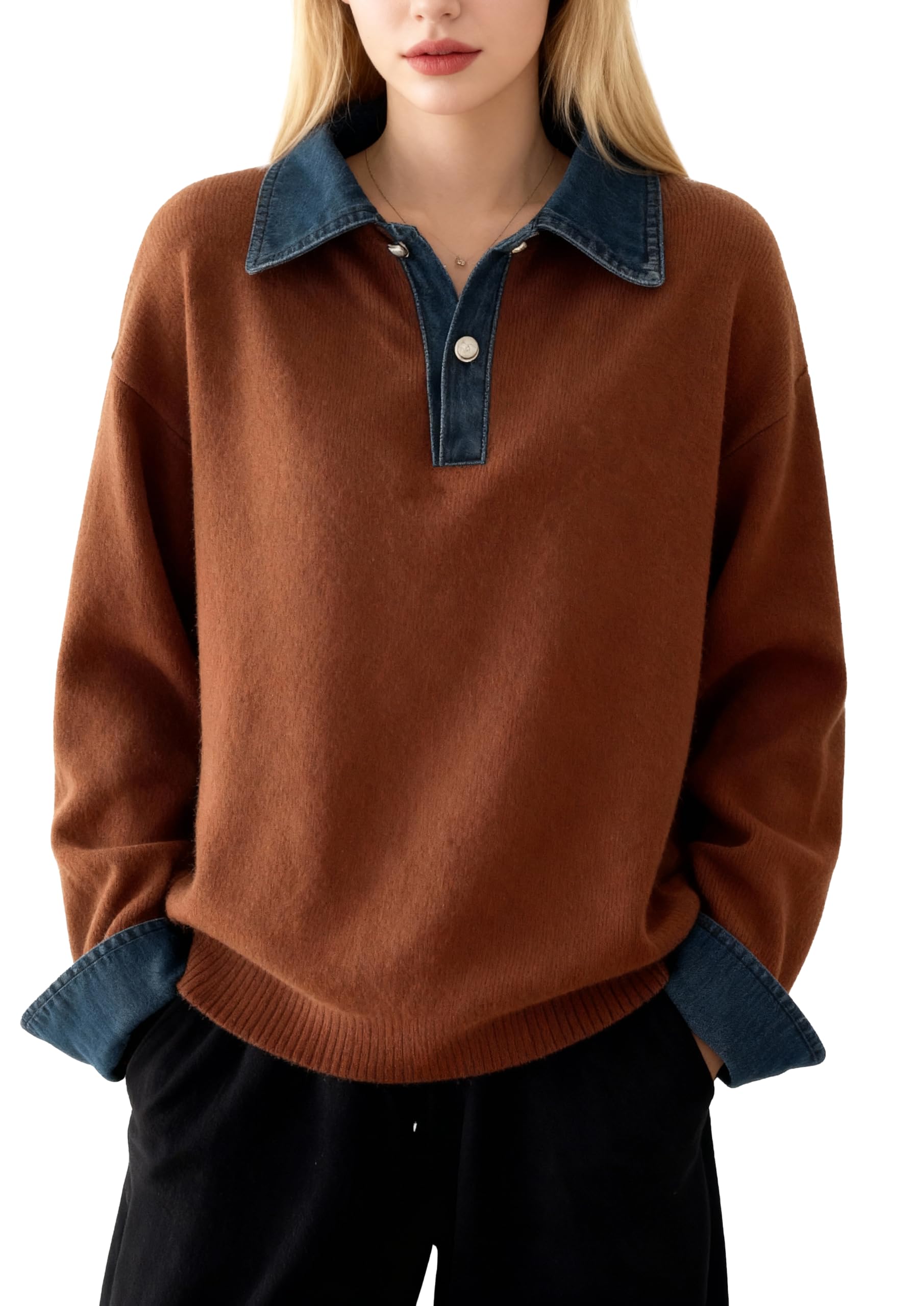 LAI MENG FIVE CATS Womens Long Sleeve Polo Sweater 2 in 1 Denim Lapel Knit Fall Winter Pullover