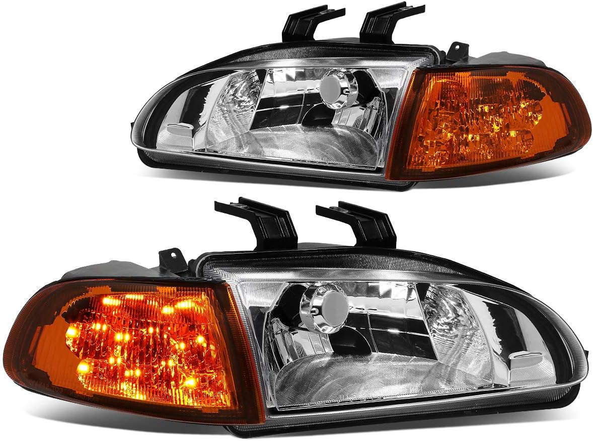 Auto Dynasty LED DRL Headlights Assembly Compatible with 1992-1995 Honda Civic Coupe Hatchback, Driver and Passenger Side Halogen Headlamps w/LED Turn Signal, Chrome Housing Amber Corner