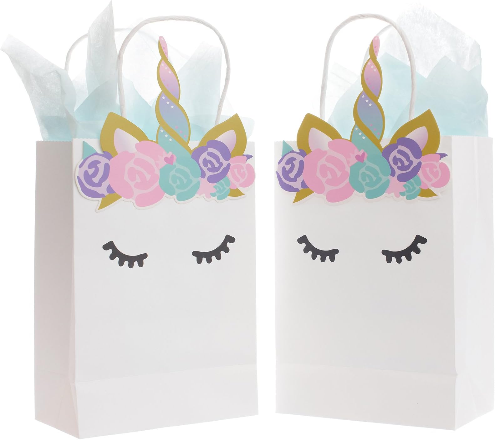 Quokkaloco Unicorn Birthday Party Favors Bags-Supplies Decorations Decor-"Luxe" Unicorn Theme for Girls or Boy-Favor Treat Gift Toys Candy Lollipops Popcorn Goodie Bags with Handles (Set of 10)(White)