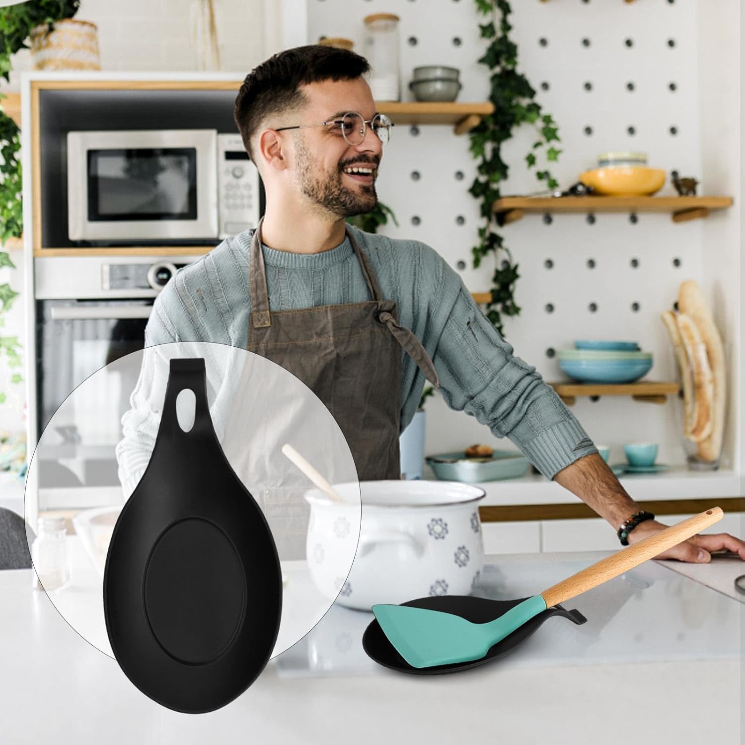 2Pcs Spoon Rest Silicone Kitchen Spoon Holder Flexible Cooking Utensil Rest Heat Resistant Soup Spoon Rest for Spatulas Spoons Cookware (Black)