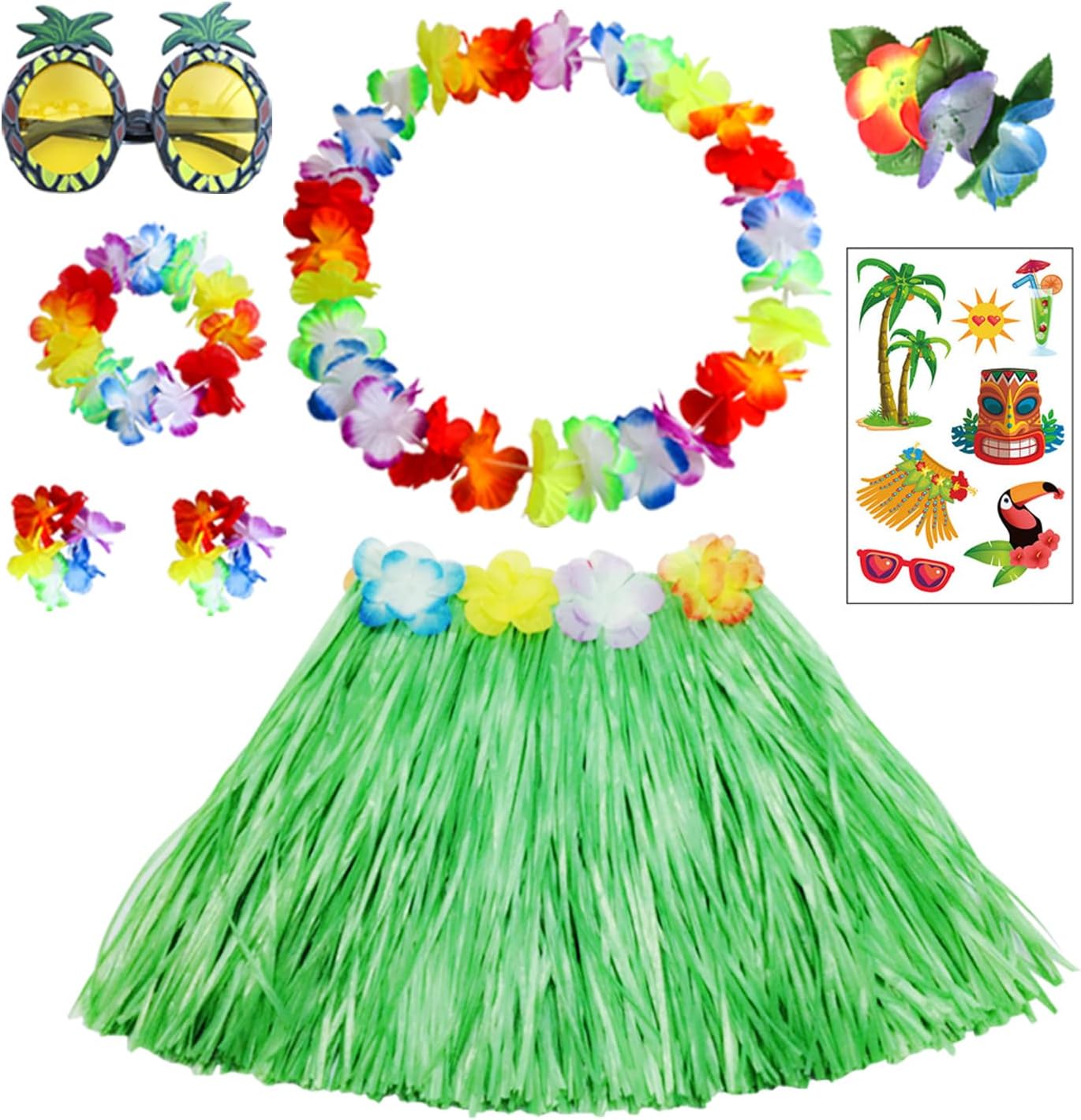 HBell 8pcs Hawaiian Hula Skirt Costume Set,40cm Hawaiian Grass Skirt,Hawaii Leis,Pineapple Glasses for Kids Fancy Dress Supplies Summer Beach Tropical Party Decorations