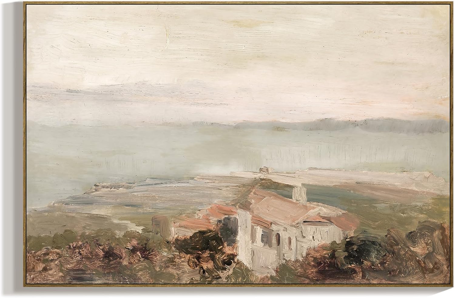 RaphelArt Large Framed Canvas Wall Art Home Decor,The House on The Coastal Vintage Decor,Warm Tone Landscape Painting Canvas Wall Art Decor for Living Room,Office,Bedroom,Bathroom,Kitchen,24''x36''