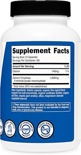 Miniatura 5 de Nutricost HMB (beta-hidroxi beta-metilbutirato) 1000 mg (120 cápsulas) – 500 mg por cápsula, 60 porciones – Sin gluten y sin OMG