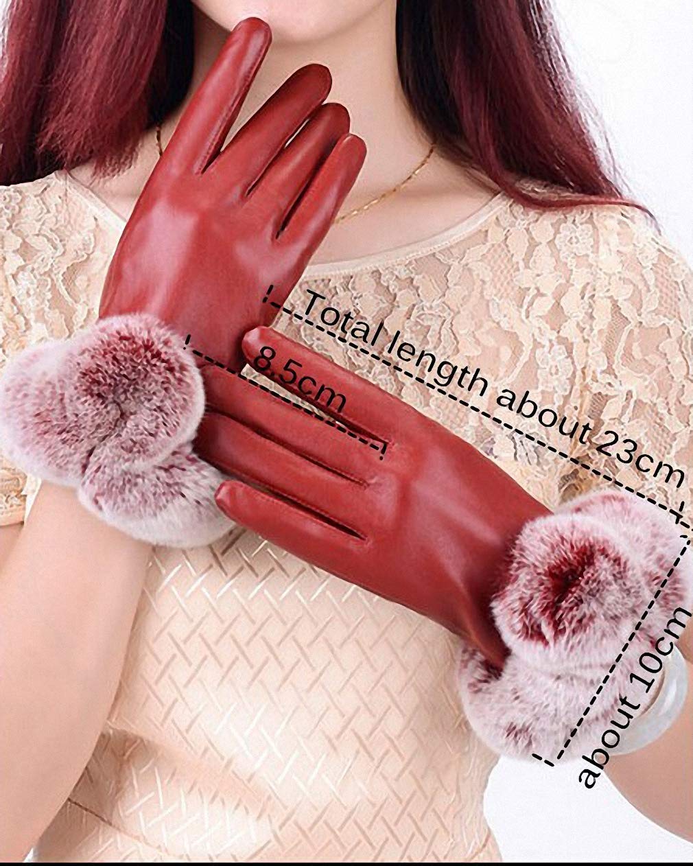 Fashion Warm Winter Gloves Female Leather Gloves Rabbit Fur Wrist Mittens Women's Warm Gloves Luxury Design Guantes Mitts Wine Red One Size