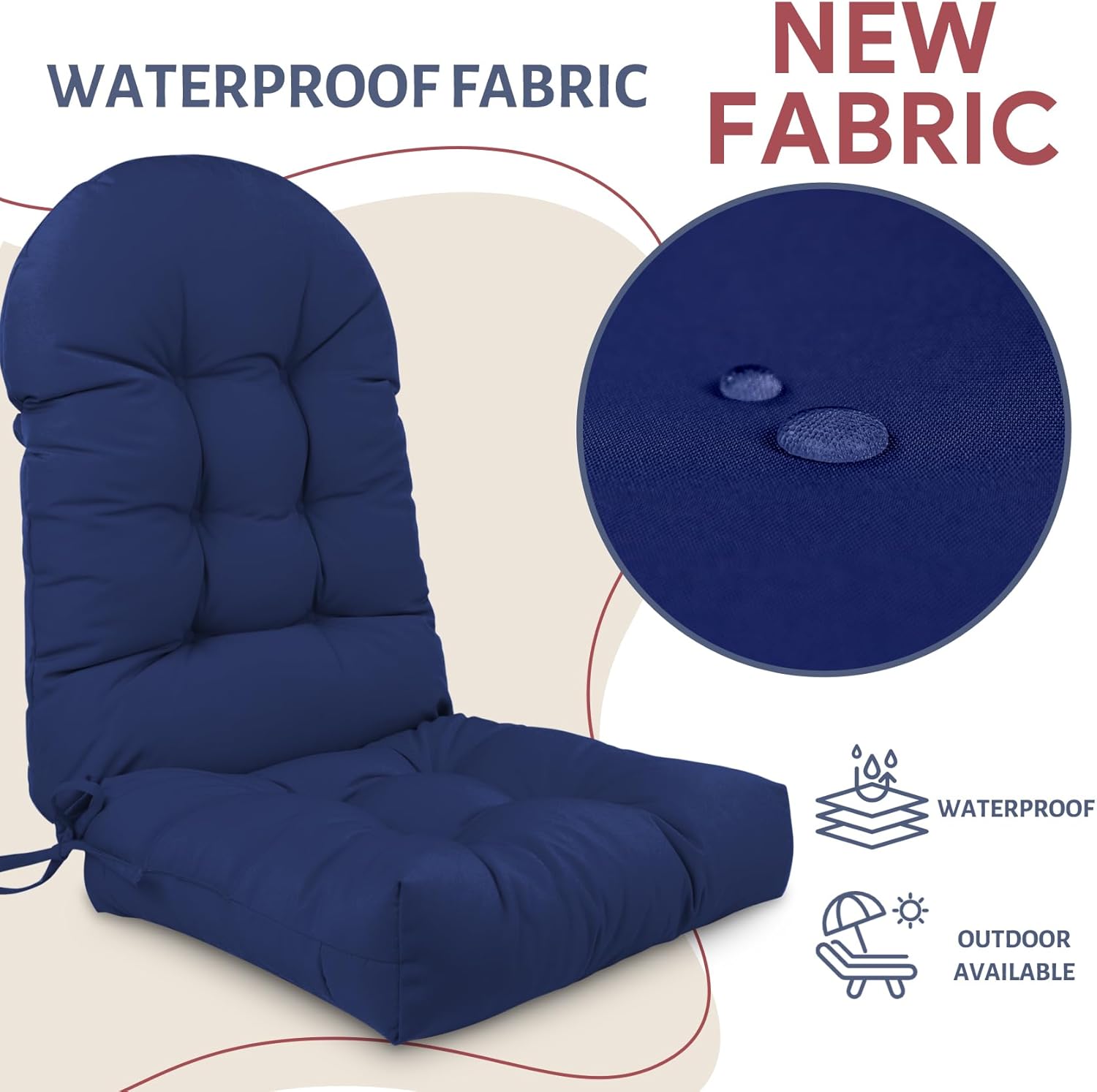Adirondack Chair Cushion,Outdoor Waterproof Rocking Chair Cushion 44x19x4in Blue Non-Slip High Back Patio Chair Cushions, Comfortable Weather Resistance Seat Pad
