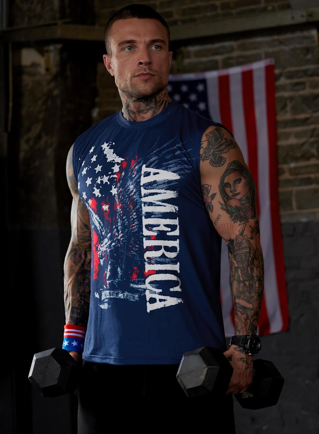 Mainfini Men American Flag Tank Top Muscle Graphic Gym Workout USA Sleeveless Tee Shirts (S-3XL) Small Blue-american Eagle image 4 of 8 B0F2J1FH7K