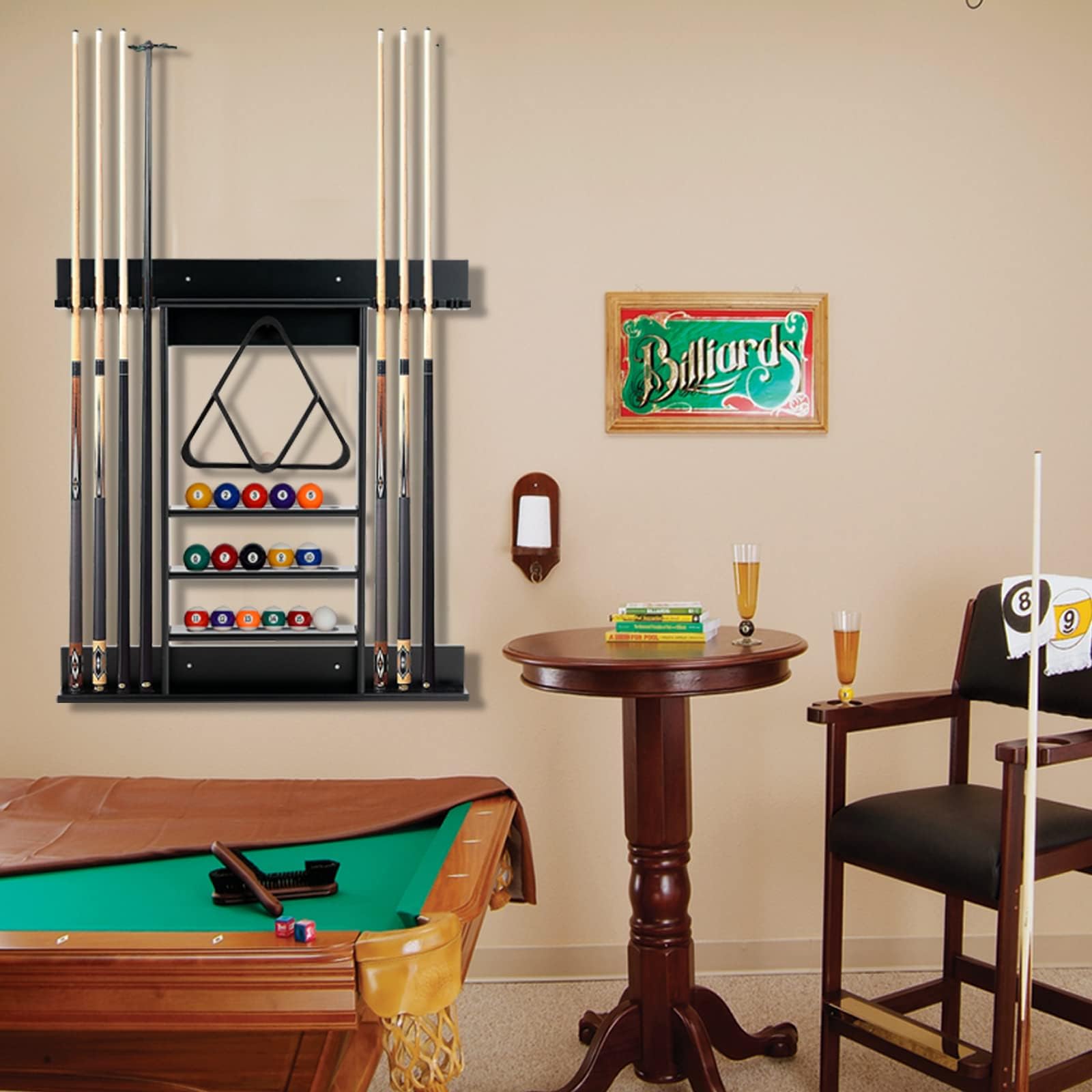 FANTASK Billard Queue Halter für 8 Queues & Billardzubehör, Billardständer Wandmontage, 3-stufig Billardqueueständer für Bars Clubs Spielzimmer (Schwarz)