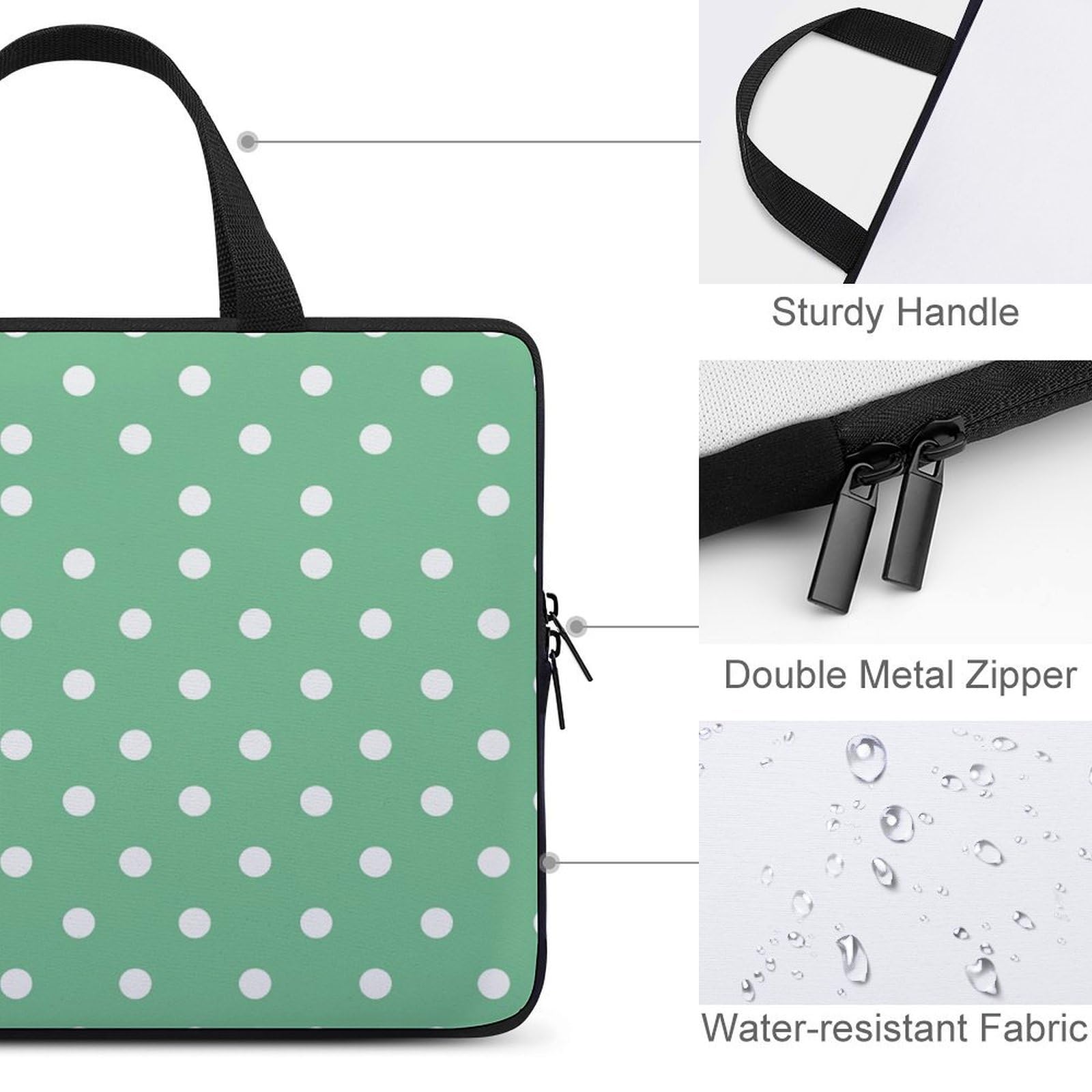 Custodia per laptop da 17", ultra sottile, leggera e impermeabile, in neoprene resistente, con tracolla, colore: Verde a pois