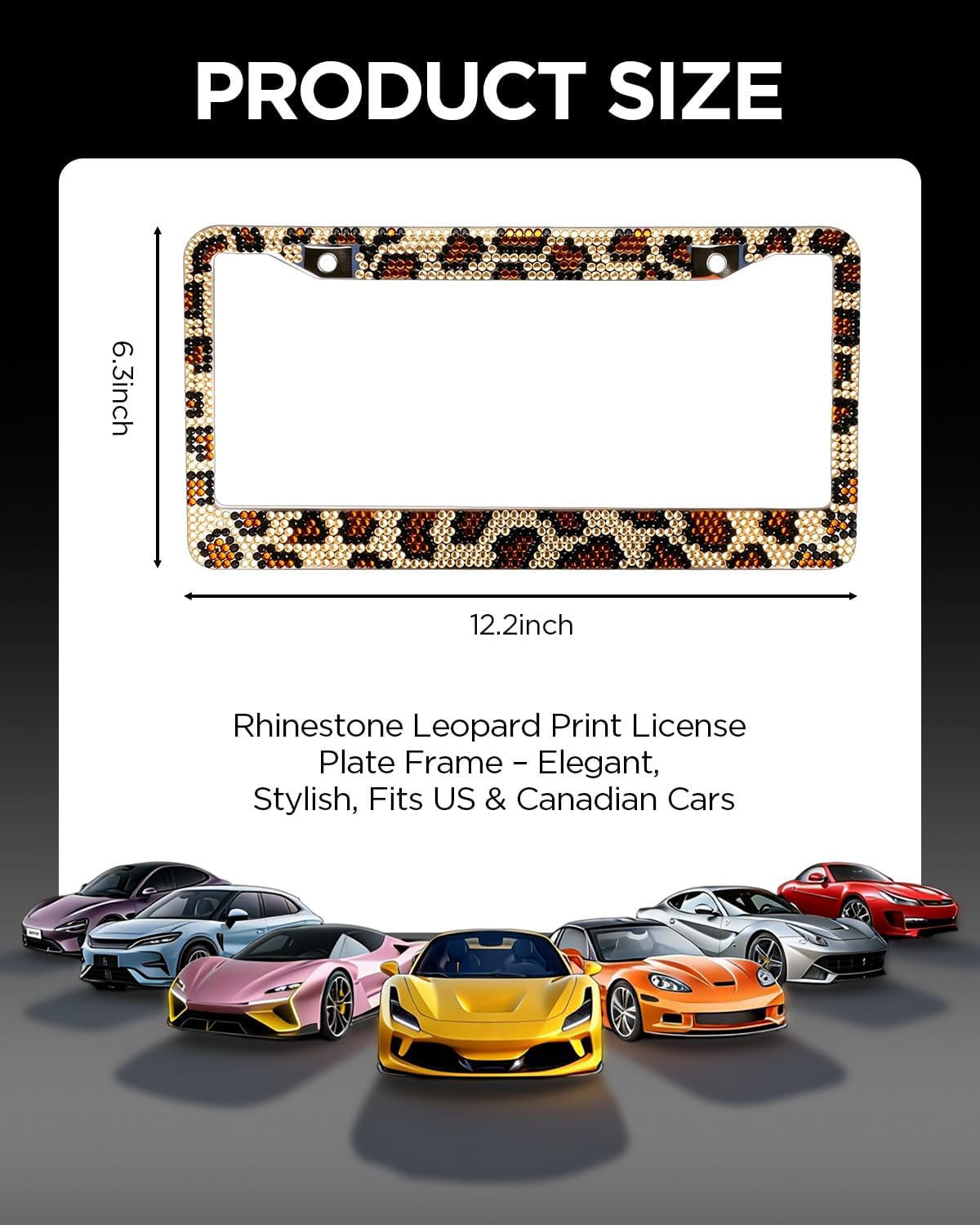 Leopard License Plate Frame 2 Pcs, Stylish Handcraft Rhinestone Diamond & Aluminum Chrome Body, Standard Durable Bling License Plate Frames Covers for Women, 4 Crystal Caps with Screw