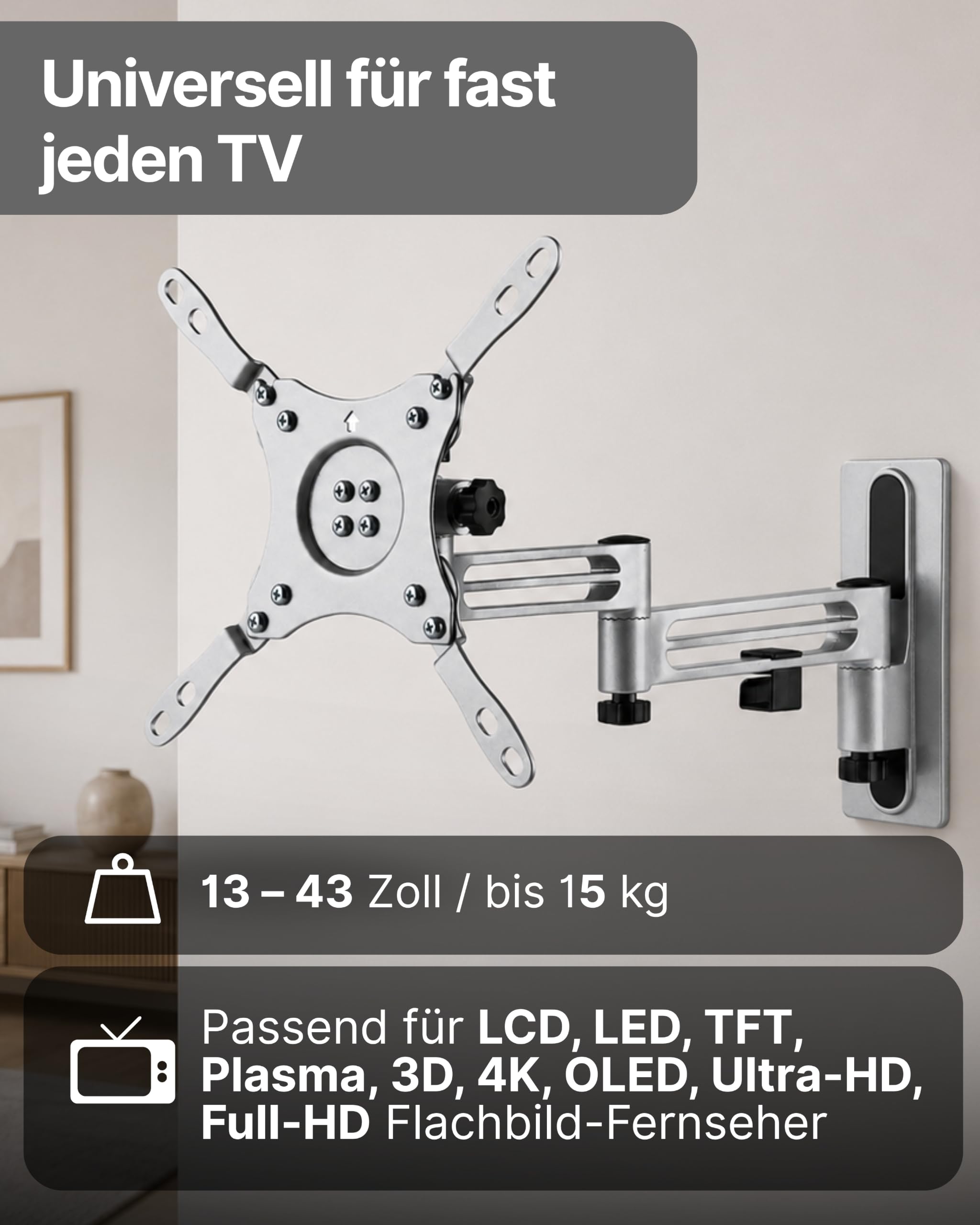 SCHWAIGER TV-Wandhalter I 13-43 Zoll Fernseherhalterung I neigbar, schwenkbar & drehbar I universelles Montageset für Flachbildschirme I TV-Halterung für Wohnwagen & Wohnmobil geeignet