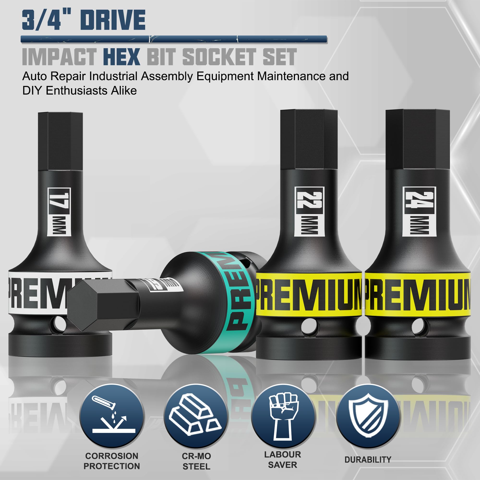 Aurlloct 3/4" Drive Impact Hex Bit Socket Set, 5 Piece Impact Allen Sockets, 14mm - Image 4