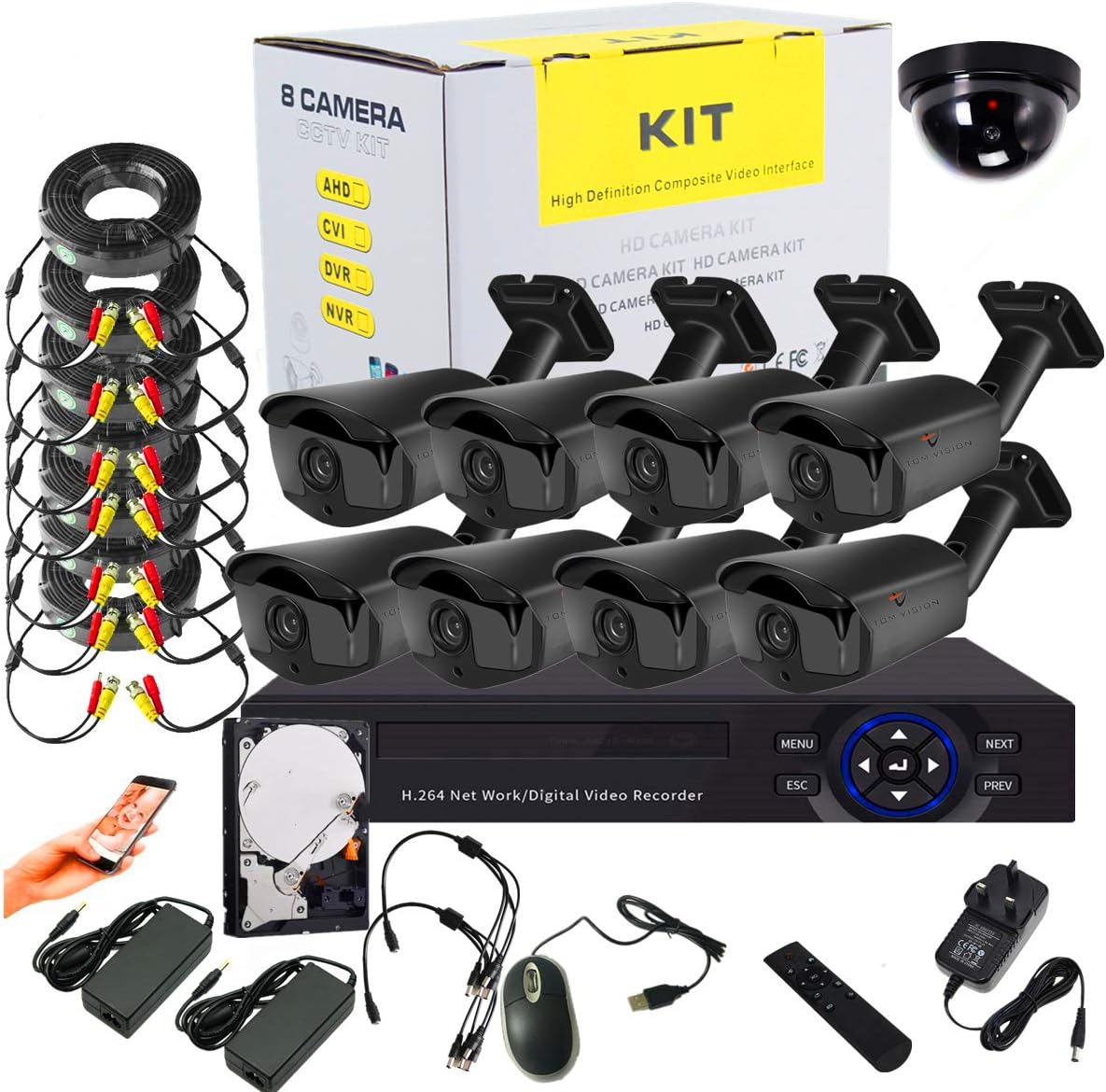8Channel AHD CCTV surveillance Kit with 8CH DVR Security Recording System and 8Pcs Black Case Metal Outdoor Bullet DVR KIT P2P Clouds Home Security with 1000GB Hard Disk