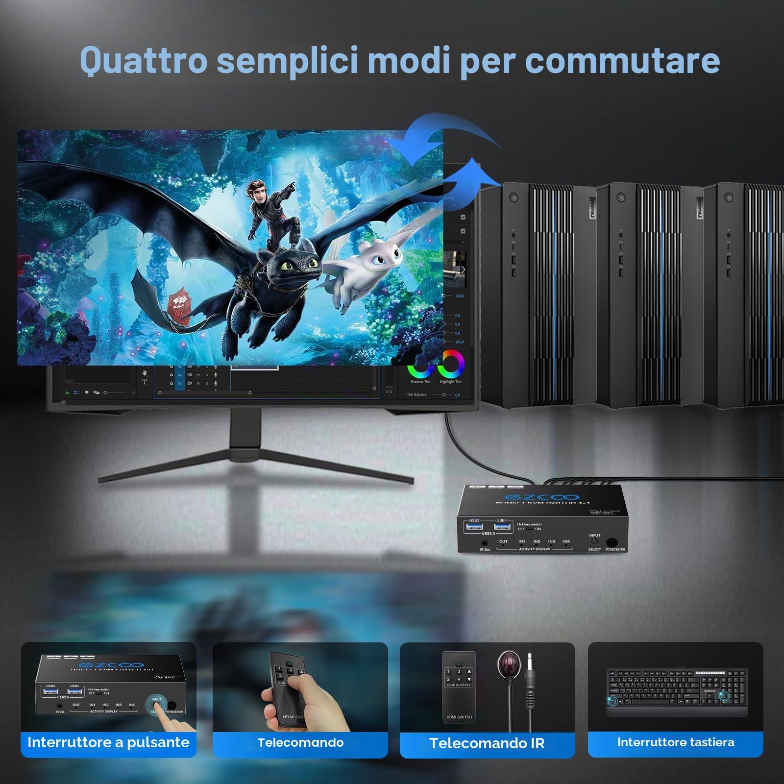 Switch KVM HDMI 2.1 USB 3.0 a 4 porte 8K@60Hz 4K@120Hz VRR G/Sync 48Gbps per condividere 4 computer con una tastiera e un mouse HDR D-olby Vision HDCP2.2 e telecomando IR.Include 2 cavi USB3.0.