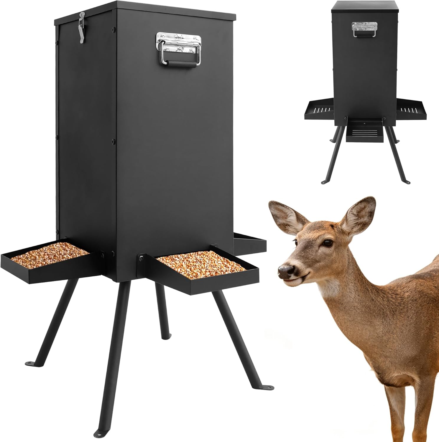 Automatic Deer Feeder 50-80LB Heavy Duty Gravity Deer Feeder, Galvanized Steel Deer Hunting Feeder with Handle, 4 Feeding Trays and Stands, Portable Weatherproof Metal Wildlife Feeder for Field Farm