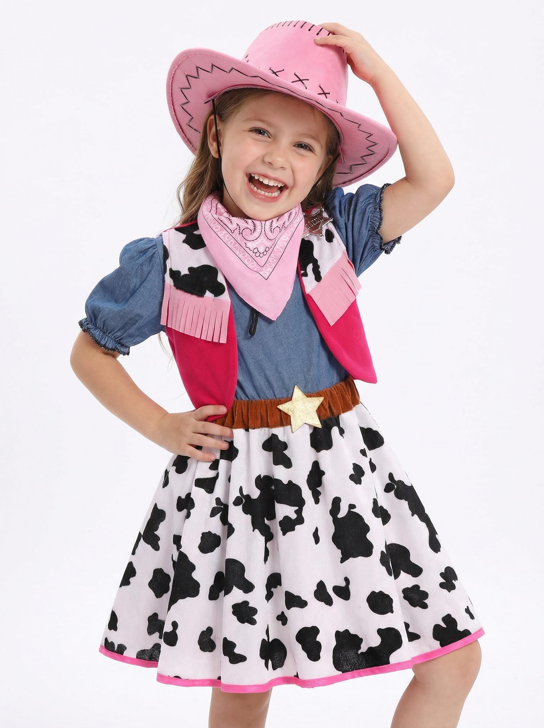 Cowgirl Costume for Girls Halloween Western Rodeo Dress Up Outfit with Cowgirl Hat 3-10 Years