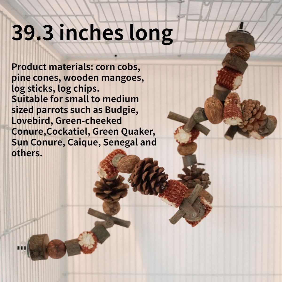 Bird Chew Toys, Bird Climbing Toys, Parrot Toys Grinding Mouth Bite Resistance, Natural Nuts Wood Pinecones Rotating Ladder, Hanging Chew Toys for Parrots Quakers, Budgies Conures (39.3inch)