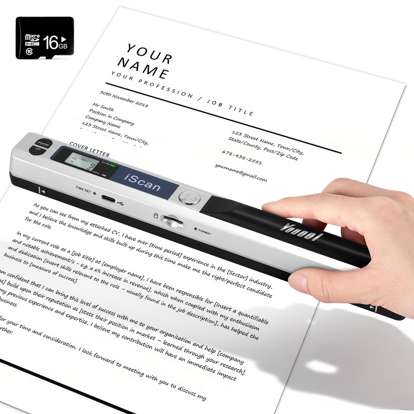 Handheld Scanner Document Scanner, A4 900 DPI High Resolution Colour Photo Portable Scanner, JPG/PDF Format USB 2.0 Mobile Scanner Portable Document Scanner for Documents Receipts Photos