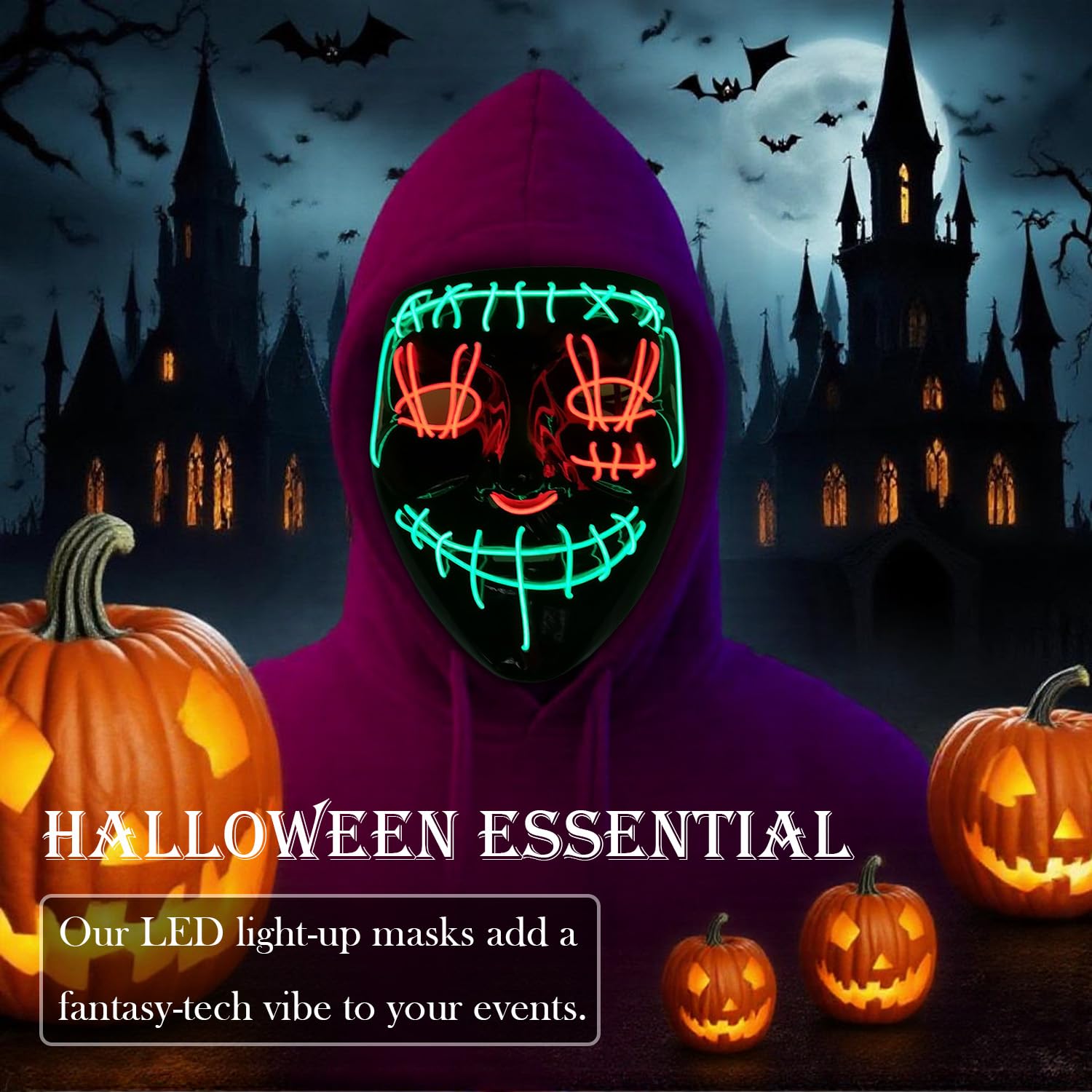 Halloween Mask with LED Lights - Scary Light-Up Mask for Costume Parties Cosplay, Masquerade & Carnival Festivals (black A) - Image 2