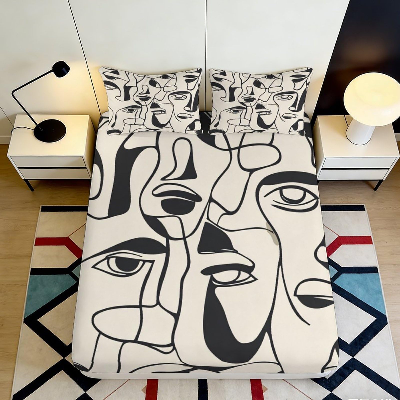 3D Printed Abstract Face Fitted Sheet Microfiber Soft Artistic Line Drawing Bed Cover for Bedroom Guest Room Decor 90x200x25cm