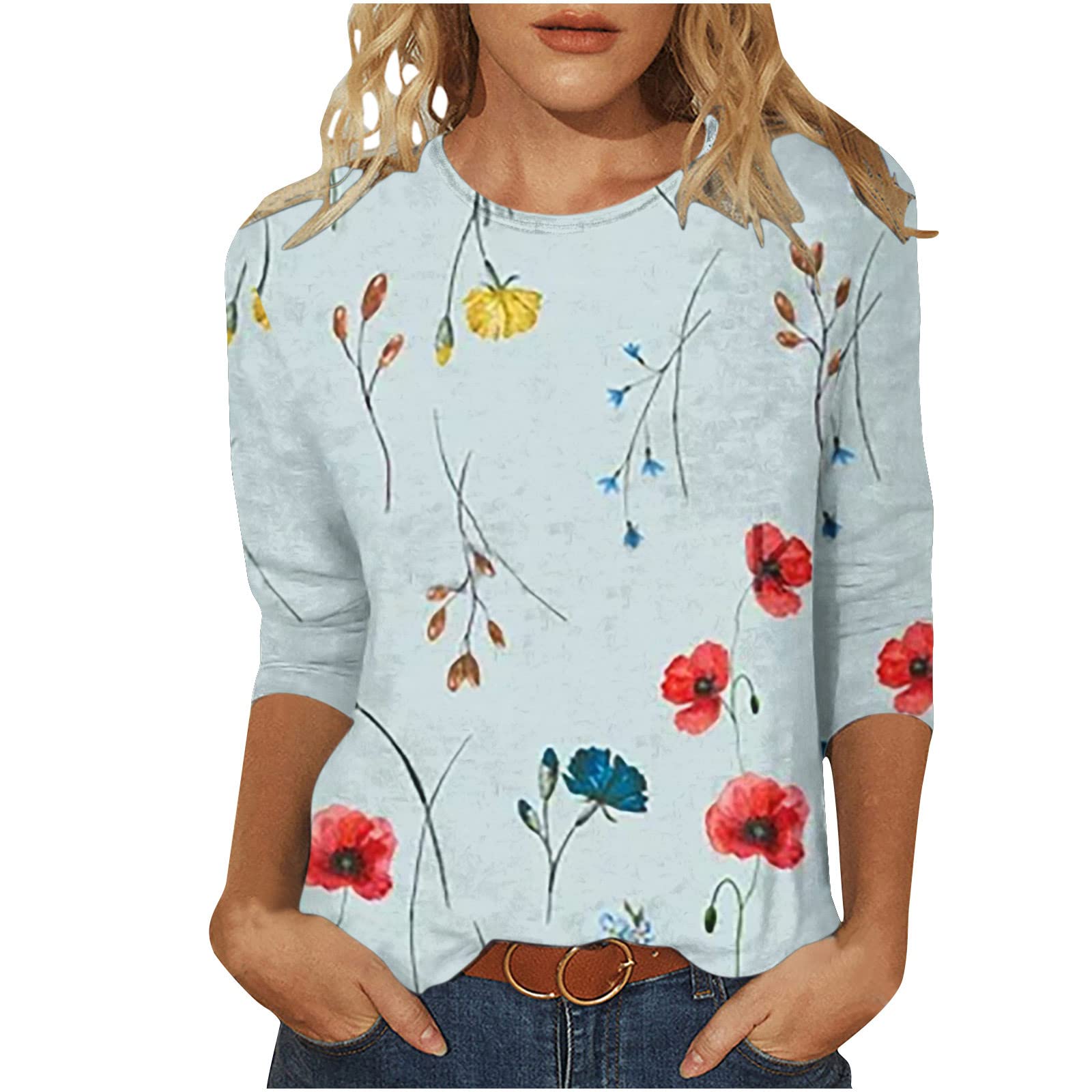 Womens 3/4 Sleeves Tshirt Boho Graphic Blouses Loose Class-Fit Tops Casual Crewneck Tees Cute Soft Summer Top