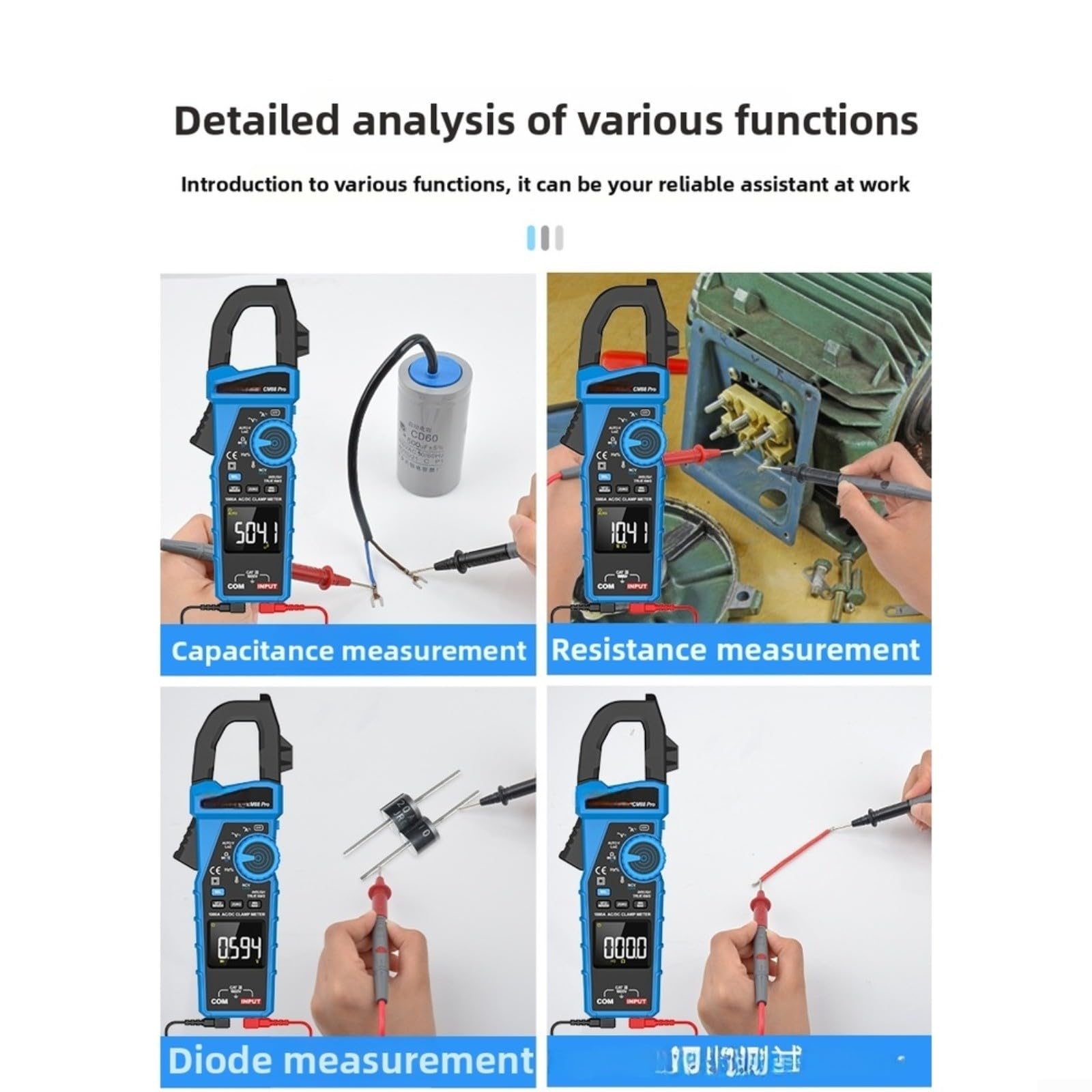 CM88pro Amperometro digitale a pinza con True RMS, 1000 A AC/DC, campo automatico, rilevamento della tensione senza contatto, display LCD, strumento multifunzione per elettricisti, blu e nero
