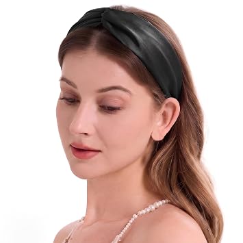 ZLYC Mulberry Silk Headband for Womens Hair Elastic Hairband, Solid Black | smooth luxury real silk, stretch elastic no slip fit, makeup spa skincare use, travel daily wear,boho fashion hair accessory