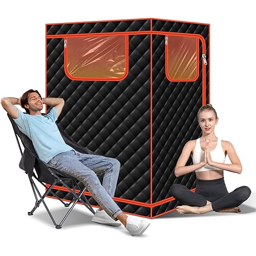 Smartmak Portable Infrared Sauna, 1-2 Person X-Large Infrared Sauna Box, Full Size Personal Home Sauna Tent, with Adjustable Folding Chair, Remote Control, LED Red Light (Black-2 Person)