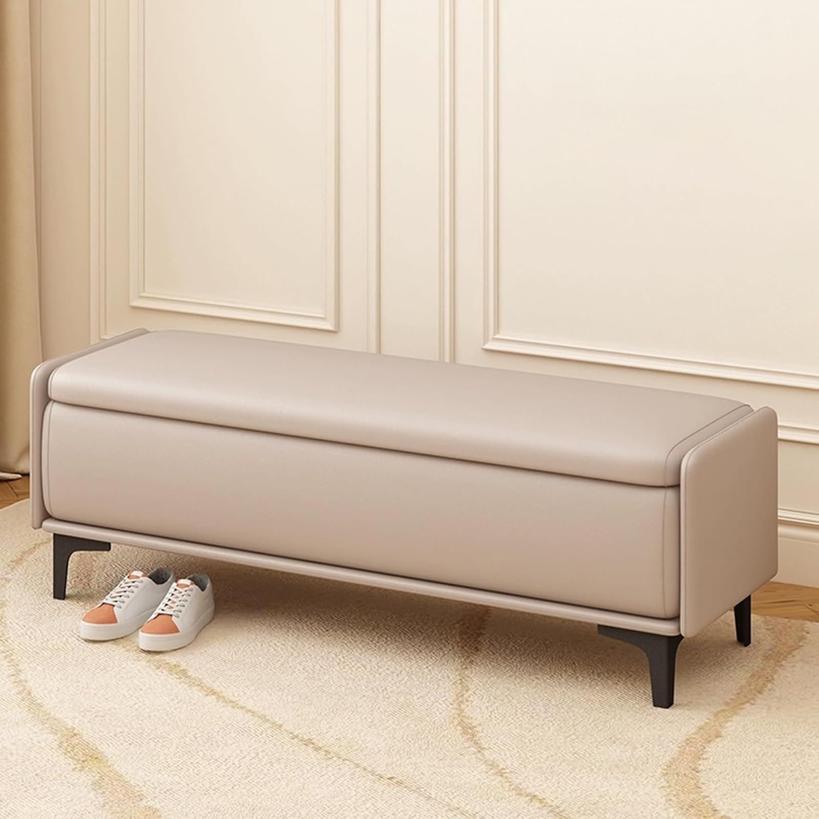 LWJSOCP Modern Storage Bench for Living Room Entryway Ottoman with Cushion Versatile Shoe Changing & Window Seat Khaki 80cm/32in Stylish Foyer Furniture