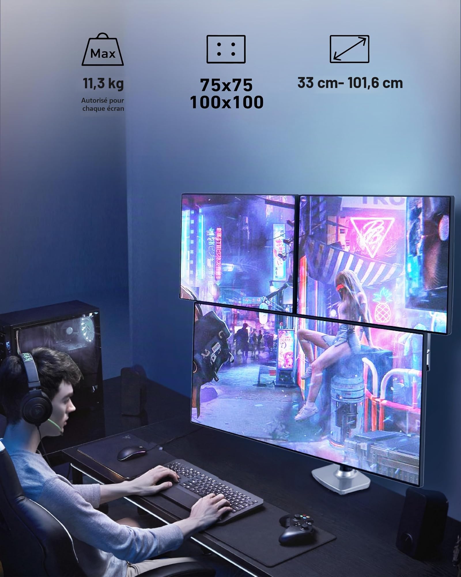 Ergounion Support Triple Ecran – Support Ecran PC 3 Ecran pour Moniteur de 13-40 Pouces jusqu'à 11,3 kg, Bras Ecran PC - Aluminium, Argenté