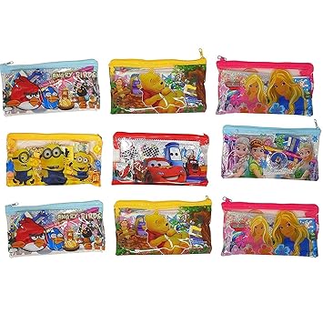 KIVYA Return Gifts for Kids Birthday Party in Bulk Stationary Pouches with Pencil / Scale / Eraser / Sharpner for Children Gift for Girls / Boys (10 Pcs)