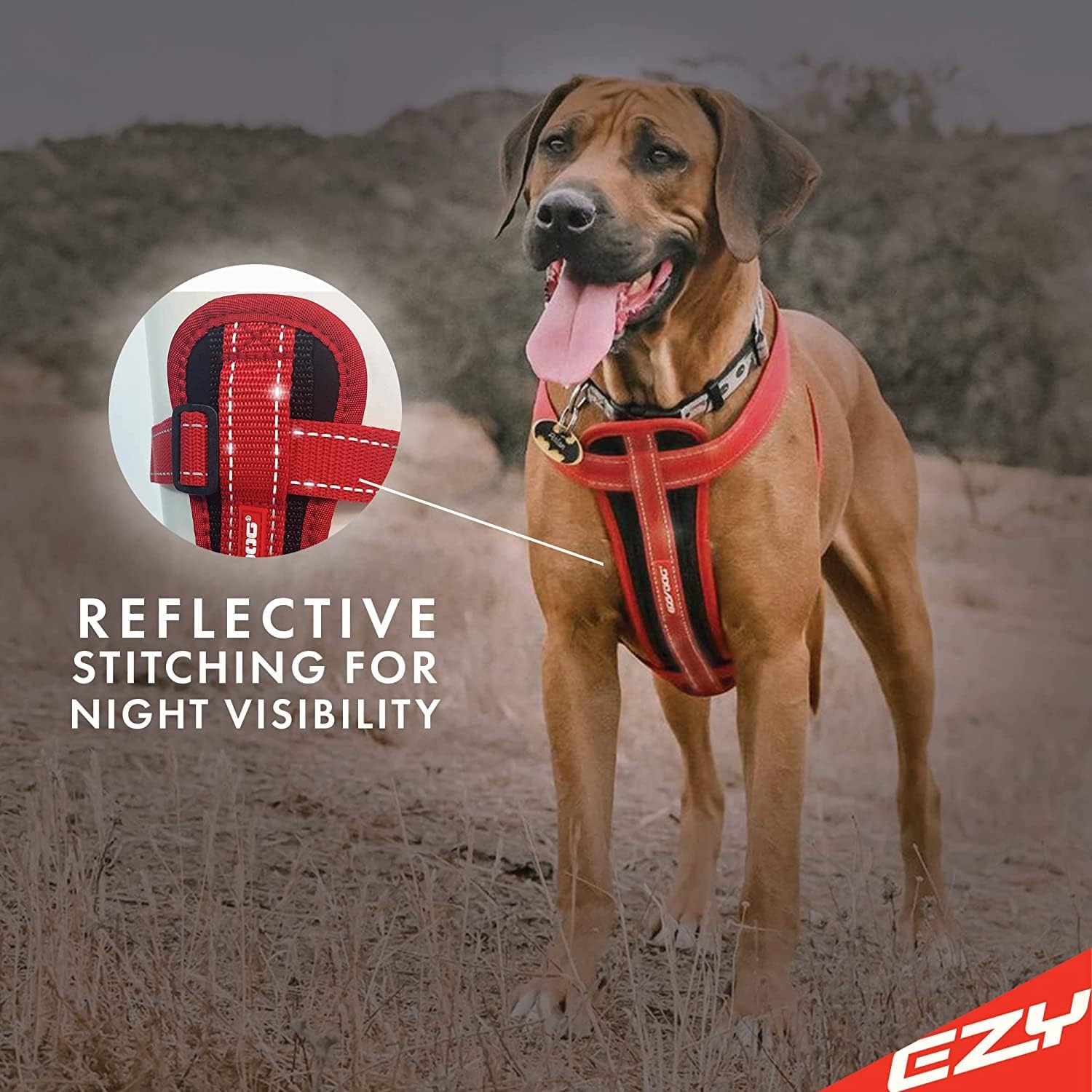 EzyDog Chest Plate No Pull Dog Harness – Escape Proof Harness with Reflective Stitching and Comfort Padding for Easy Walks, Training & Control - Car Restraint Included (X-Small, Denim)