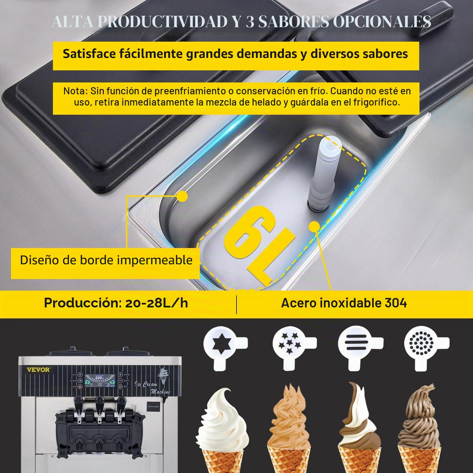 VEVOR Máquina de Helados Soft Heladera Maquina Helados Soft Comercial Maquina Helados Soft con 2 + 1 Sabores Vertical Ice Cream Maker 2200W Máquina de Helado de Servido Suave 6L*2