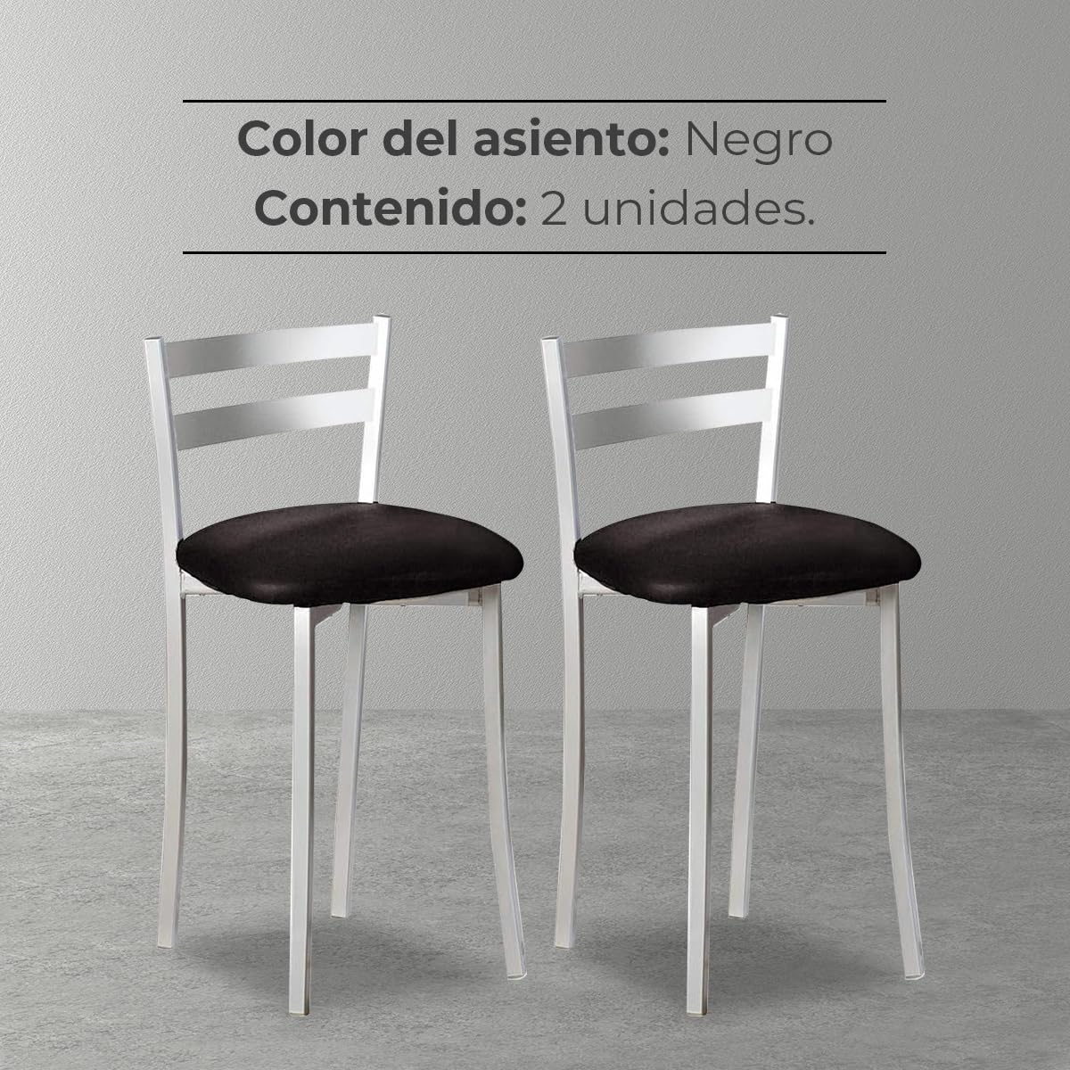 ASTIMESA Dos Taburetes de Cocina con Respaldo Franjas Metal Polipiel Negro, Altura de Asiento: 45 cm