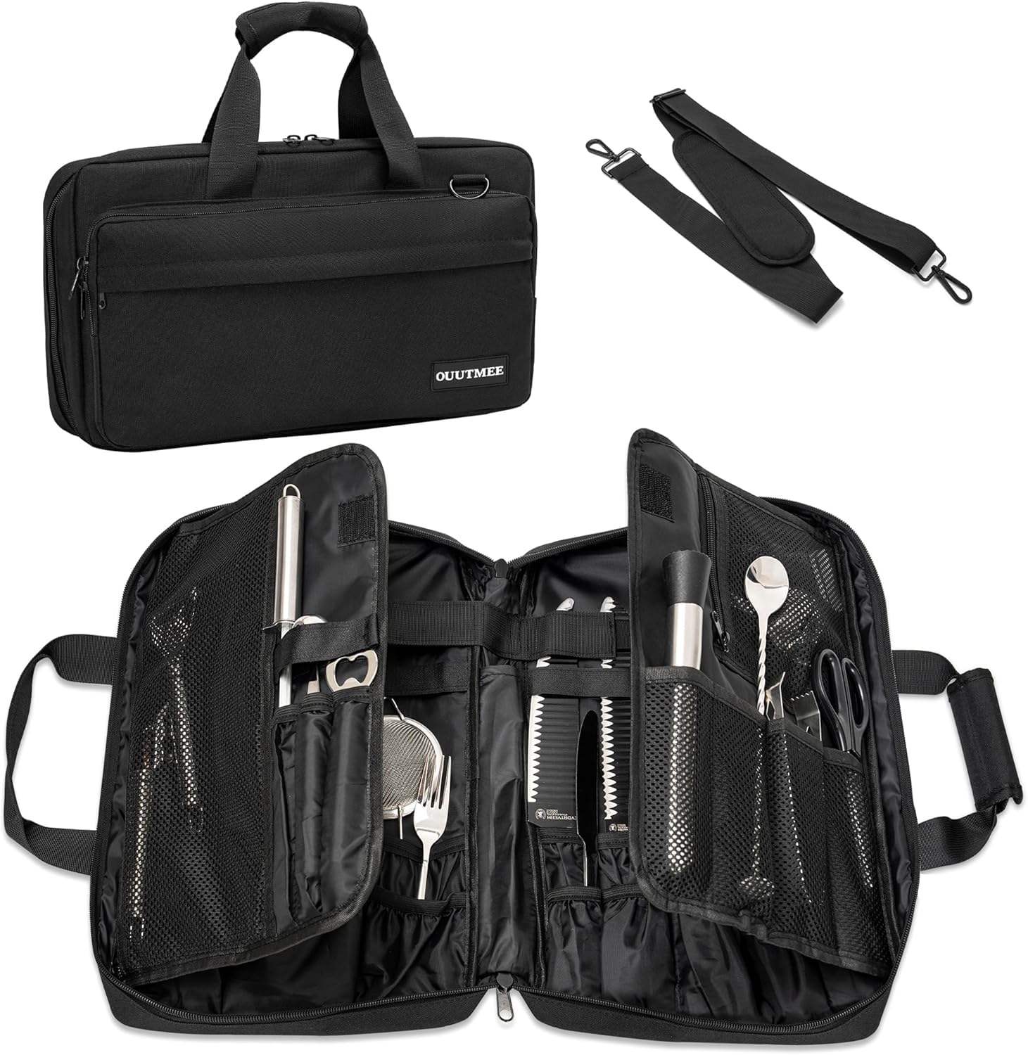 OUUTMEE Sac à Couteaux de Chef Professionnel avec 17 Emplacements, Étui de Transport de Couteaux Robuste, Sac de Rangement pour Couteaux de Chef pour Couteaux et Ustensiles de Cuisine, Noir (Petit)
