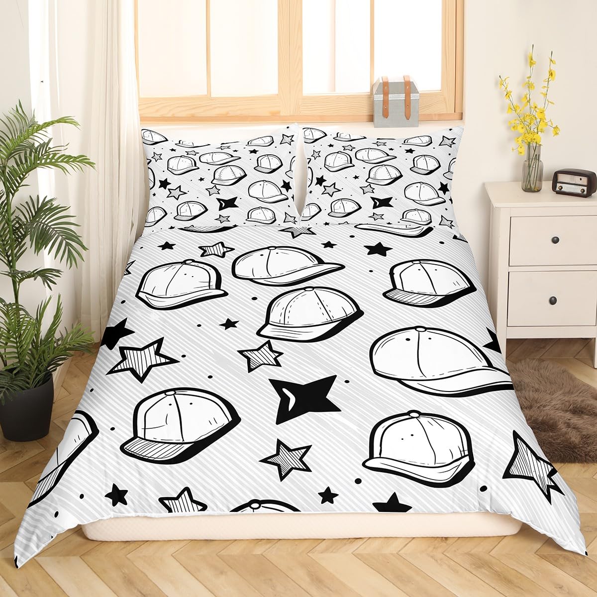 jejeloiu Gray White Baseball Theme Duvet Cover for Kids Boys Girls Toddler Size Baseball Cap Bedding Set Ultra Soft Star Print Comforter Cover Set Sports Game Bedspread Cover Room Decor,No Comforter