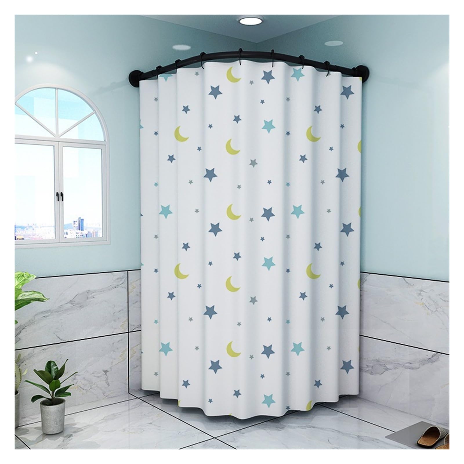 Meiiron Shower Curtain Rail L Shaped Telescopic Shower Curtain Pole Curved Shower Curtain Rod Stainless Steel No Drilling Bath Curtain Rail Bar, Black (Size : 60~80x80~120cm)