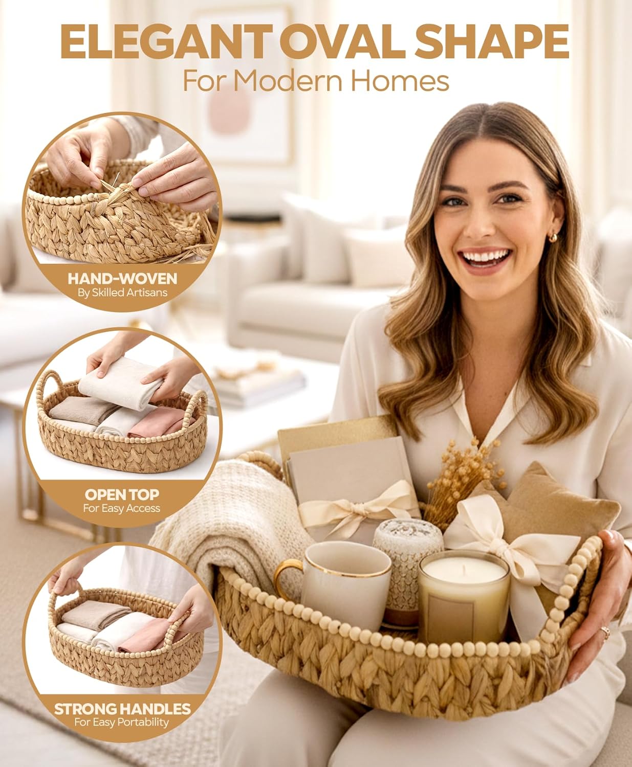 Handwoven Water Hyacinth Storage Baskets for Toilet, Living Room, Nursery Organization - Natural Oval Set of 3 Versatile Nesting Baskets with Scalloped Edge Design & Handles